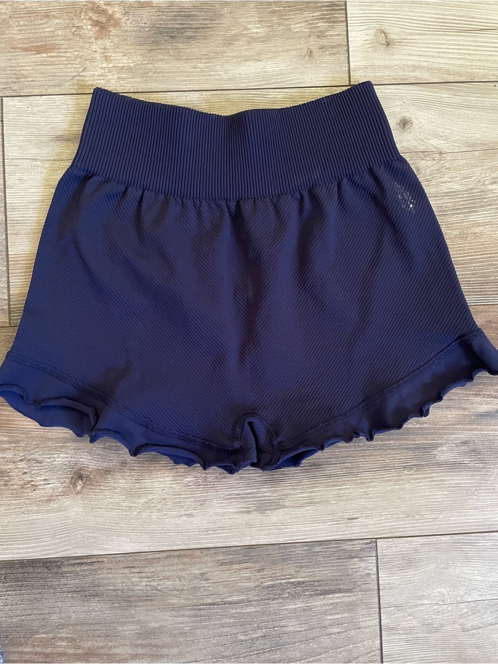 FP Movement by Free People Navy Ribbed High-Waist Ruffle Hem Shorts